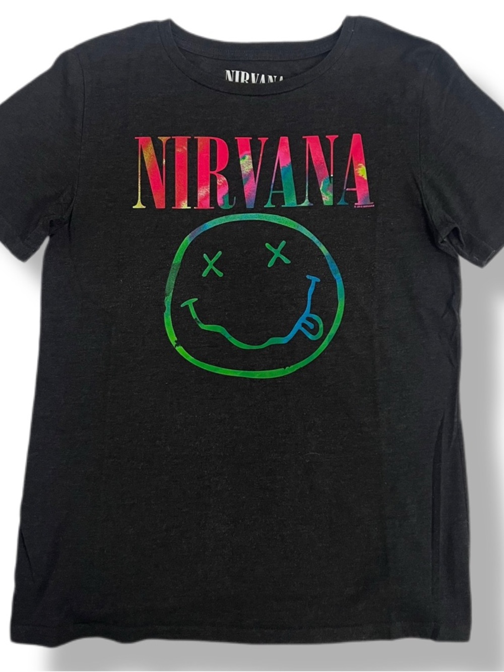 Nirvana Smiley Rainbow Logo Women's T Shirt Heather Graphite Black MEDIUM